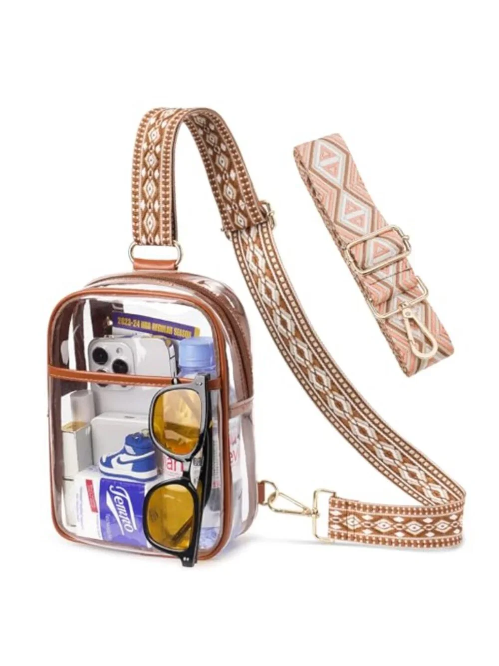 Clear Stadium Approved Crossbody Sling Bag with 2 Straps, 3 Pockets, PVC